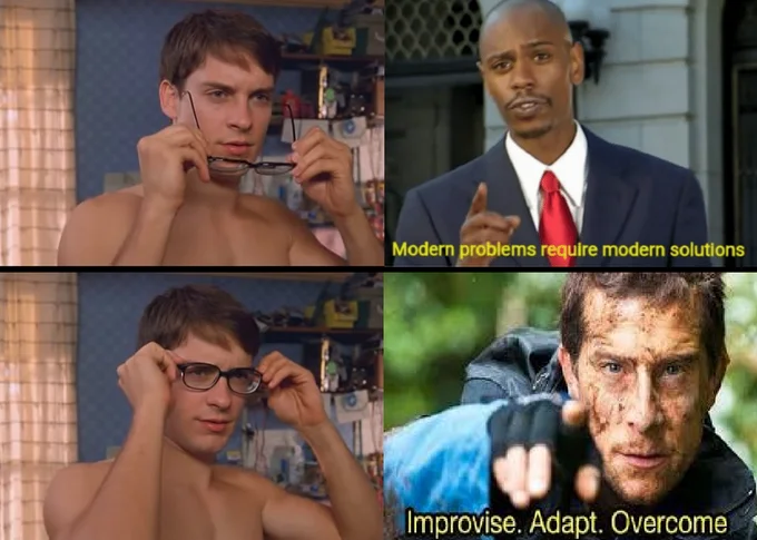 Modern Problems Require Modern Solutions — Four-panel meme combining Spider-Man glasses reveal with Chappelle and Bear Grylls captions