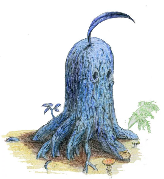 Moetron — Hand-drawn blue tree-stump creature with horn and rooted feet