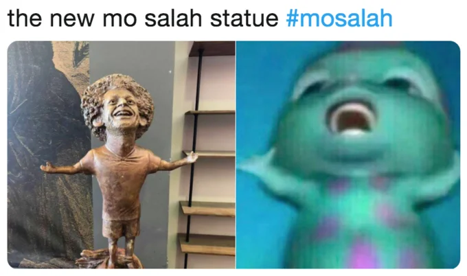 Mohamed Salah Statue — Side-by-side of Salah statue and green cartoon character with mouth open