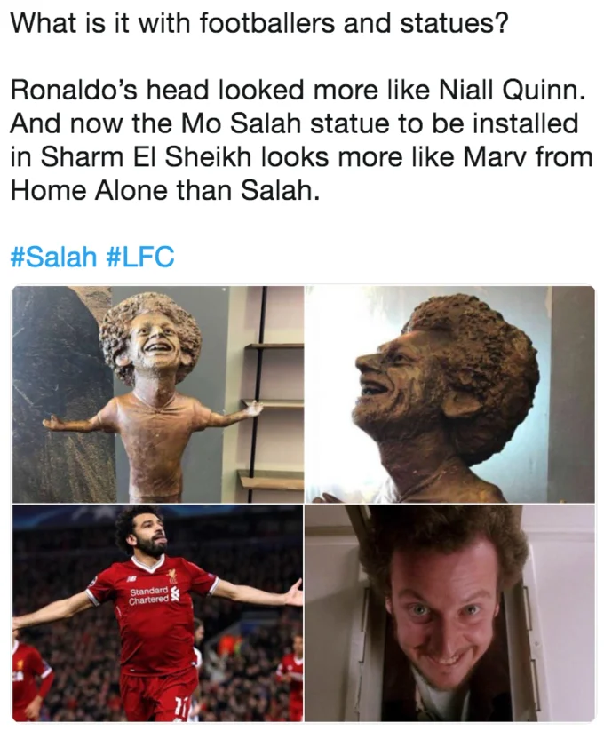 Mohamed Salah Statue — Four-panel comparison of Salah statue, bust, real Salah, and Marv from Home Alone