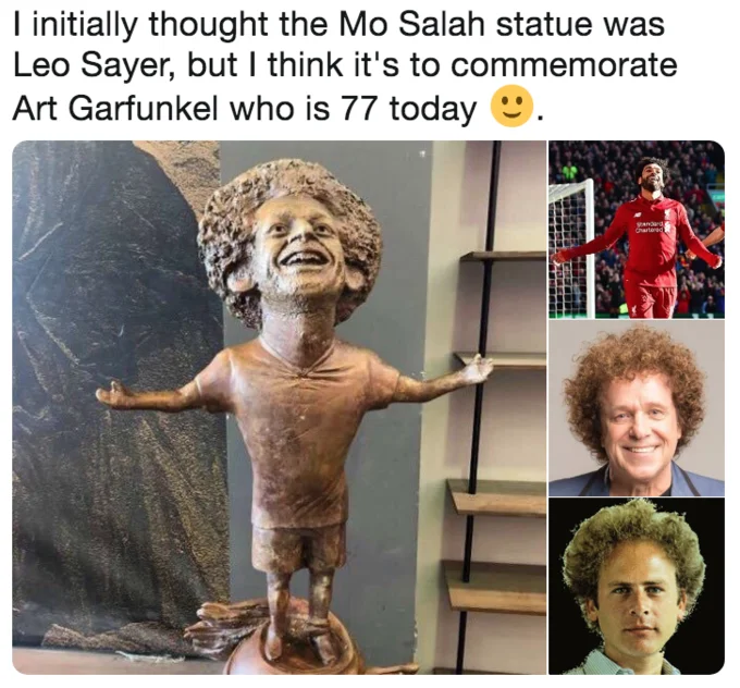 Mohamed Salah Statue — Salah statue with photos of Salah, Leo Sayer, and Art Garfunkel