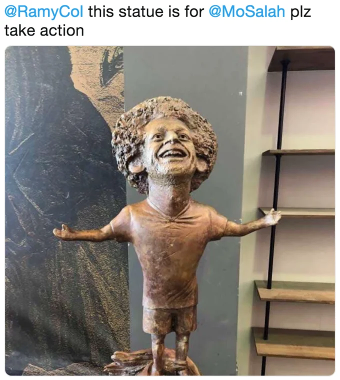 Tweet showing the full Mohamed Salah statue with caption asking Salah to take action