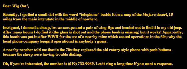 Typed letter describing discovery of Mojave phone booth with phone number and location details.