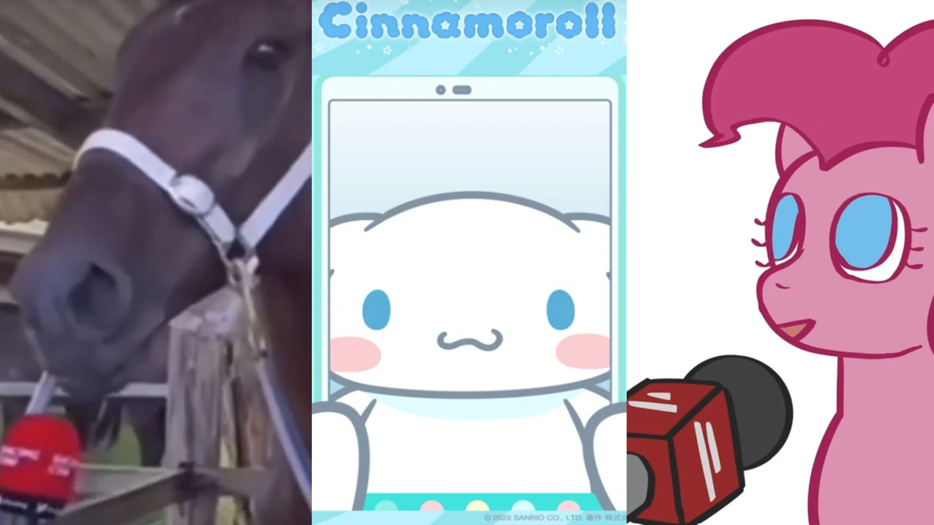 "Moka Chan Oshiete Kureta Irona Mita" / Horse Speaking Japanese — Triptych banner featuring a horse at a microphone, a Cinnamoroll tablet screen, and a pink
