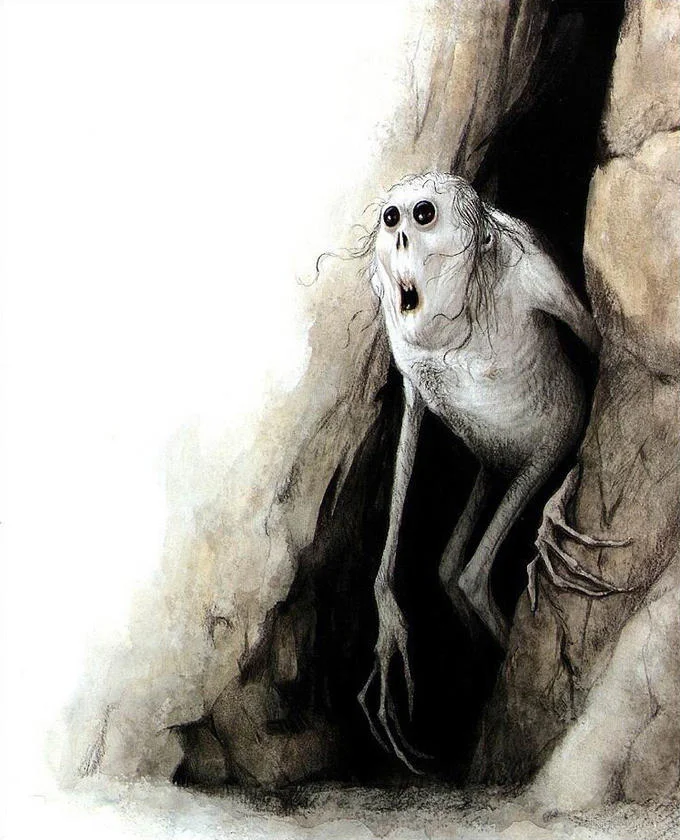 Mom? Dad? Friends? — Original illustration of a pale, emaciated creature with wide eyes and open mouth emerging from a cave.