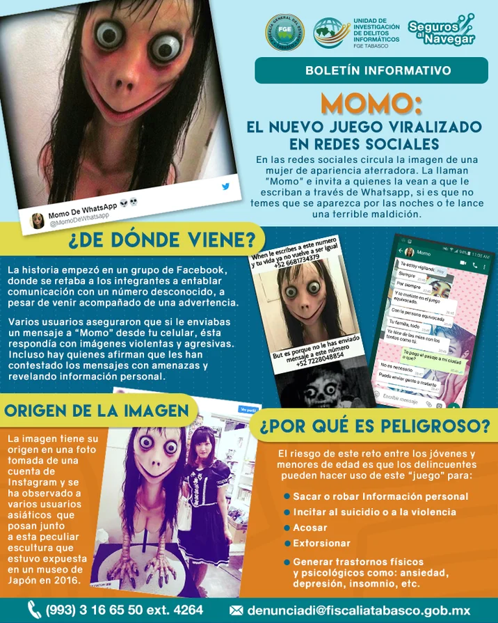 Spanish-language public safety infographic warning about the Momo challenge