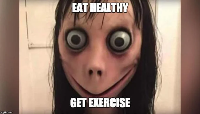 Macro meme using Momo image with white text 'EAT HEALTHY' and 'GET EXERCISE'.