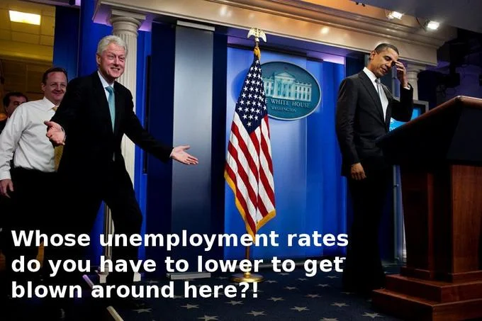 Monica Lewinsky Scandal — Bill Clinton meme with caption about unemployment rates and getting blown