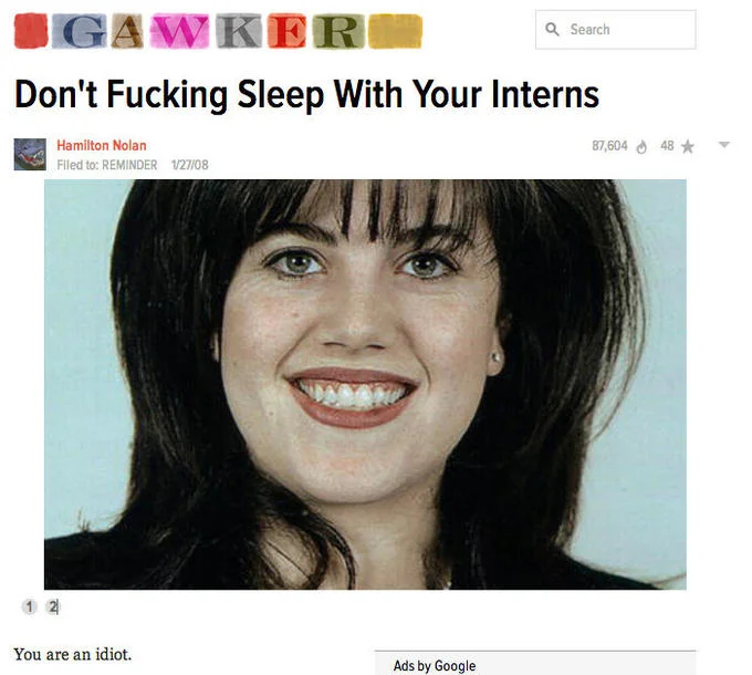 Monica Lewinsky Scandal — Gawker article screenshot about not sleeping with interns featuring Lewinsky photo