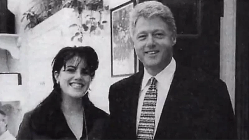 Monica Lewinsky Scandal — Monica Lewinsky and Bill Clinton posing together in a black-and-white photo