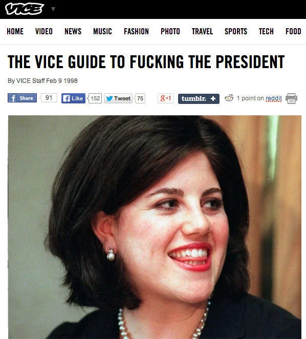 Monica Lewinsky Scandal — VICE article screenshot about the President featuring a Lewinsky portrait