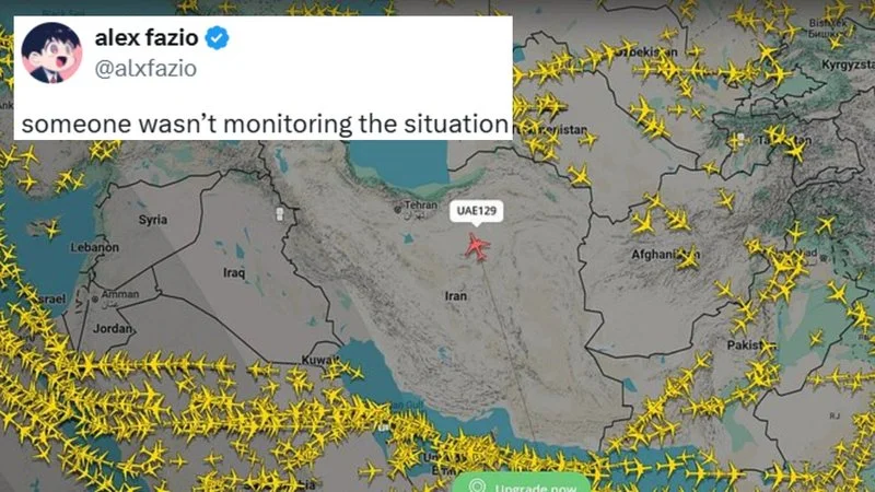 Monitoring The Situation — Twitter screenshot of map with yellow aircraft icons showing flight paths with monitoring caption.