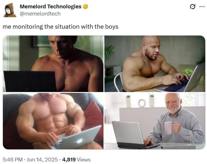 Monitoring The Situation — Four-panel meme grid showing different men working on laptops captioned as group monitoring.