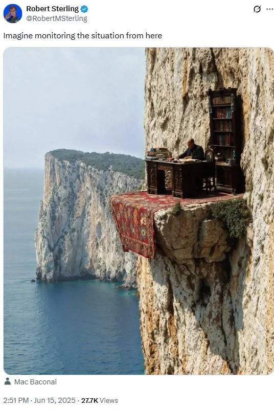 Monitoring The Situation — Twitter post showing wooden office desk built into cliff with ocean view caption.