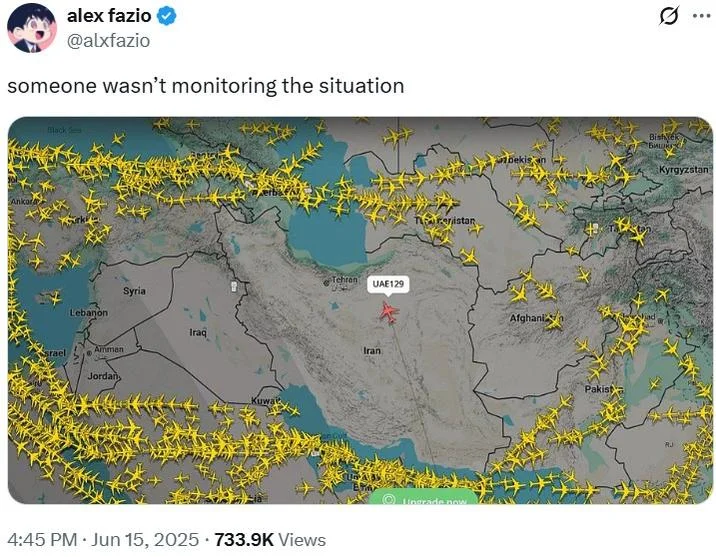 Monitoring The Situation — Twitter screenshot showing map with aircraft icons and yellow flight paths with caption about not monitoring.