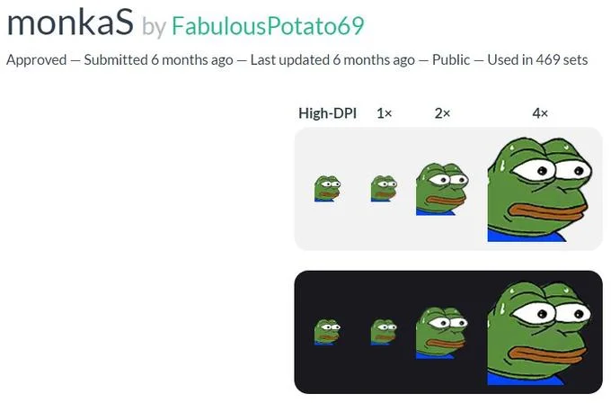 Screenshot of the monkaS emote page showing multiple resolutions on FrankerFaceZ