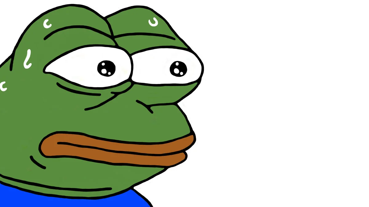 Close-up of sweating anxious Pepe the Frog with worried eyes, the monkaS emote