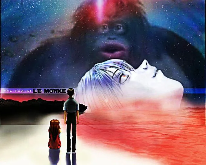Surreal psychedelic digital artwork merging Le Monke with cosmic imagery and silhouettes.