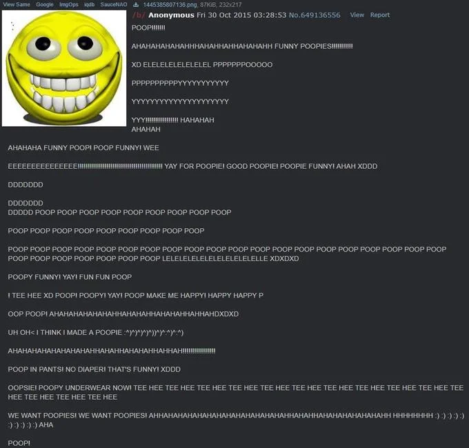 Monke — 4chan screenshot containing 'Uh Oh Stinky' and 'Poopie' spam copypasta meme text.