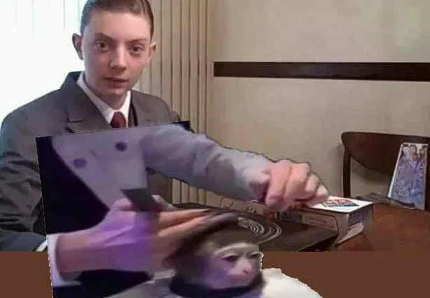 Monkey haircut image collaged with a shirtless Rambo character