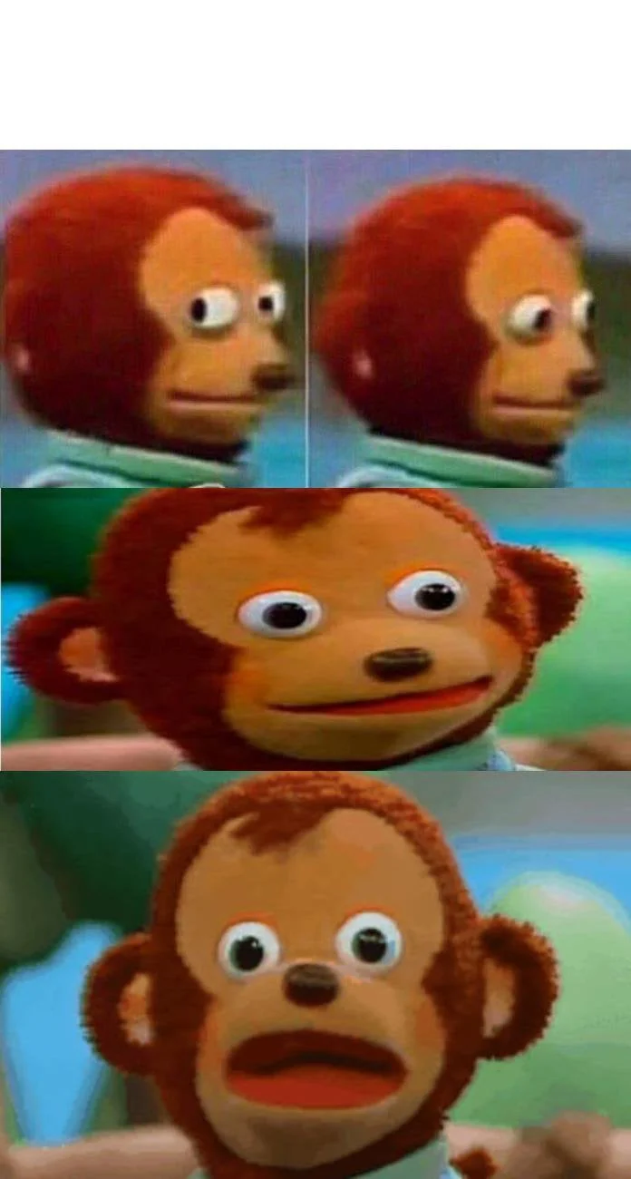 2x2 grid showing four different angles and expressions of monkey puppet character.