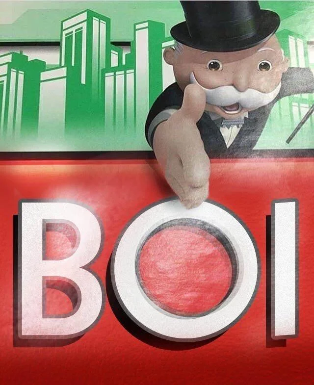 Monopoly Man's "NO" — Monopoly Man pointing at the word BOI edited from the original NO image