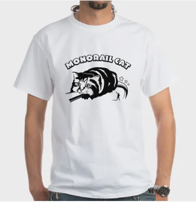 White t-shirt featuring black and white Monorail Cat graphic design illustration.