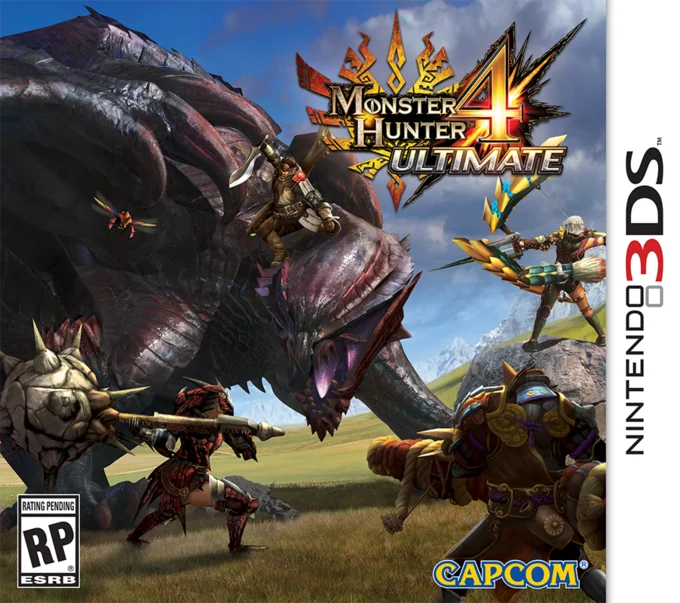 Nintendo 3DS cover for Monster Hunter 4 Ultimate with hunters fighting Gore Magala