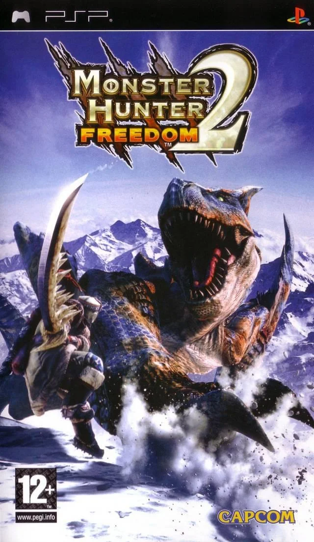 PSP cover for Monster Hunter Freedom 2 with a hunter and Tigrex in the snow