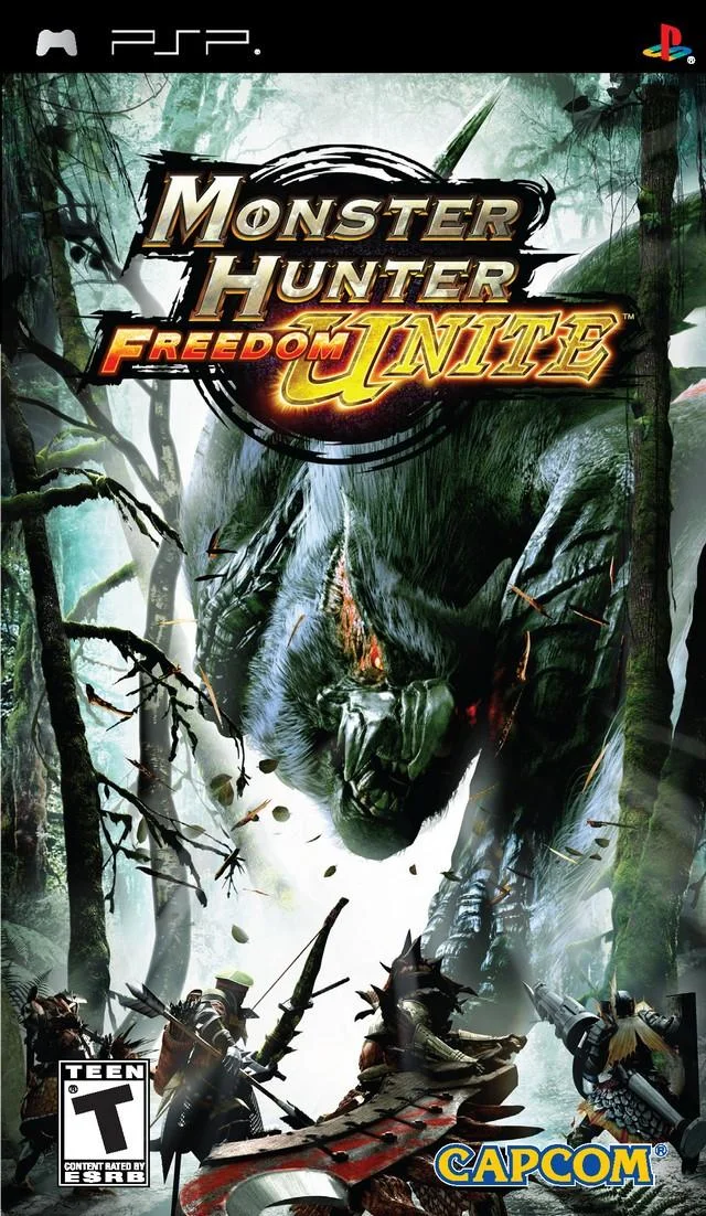 PSP cover for Monster Hunter Freedom Unite with Nargacuga and hunters in a forest