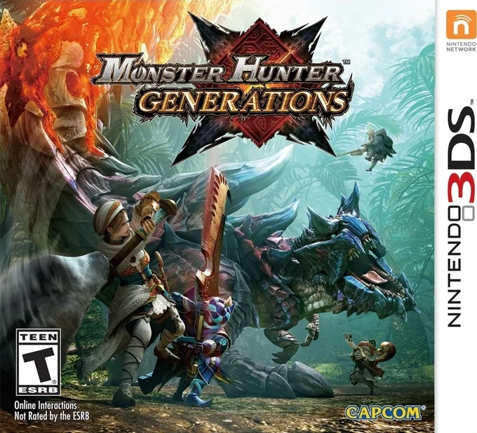 Nintendo 3DS cover for Monster Hunter Generations with hunters and Glavenus in a jungle