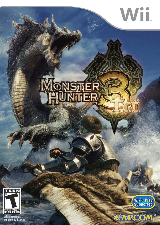 Wii cover for Monster Hunter Tri showing a hunter confronting Lagiacrus