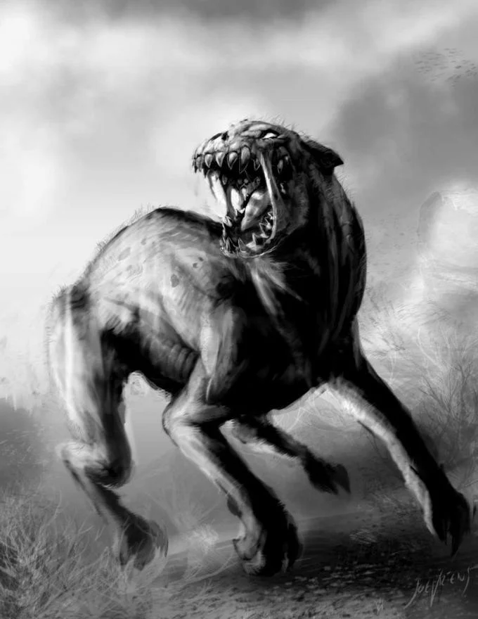 Montauk Monster — Dramatic black and white digital artwork depicting skeletal demonic creature with open mouth in aggressive pose.