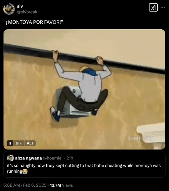 Twitter post of anime character in dynamic action pose hanging from bar captioned '¡MONTOYA POR FAVOR!'