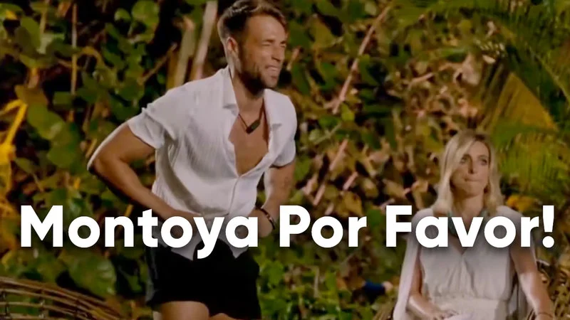 Iconic source image from La Isla de las Tentaciones with shirtless man and woman in background with 'Montoya Por Favor!' text.