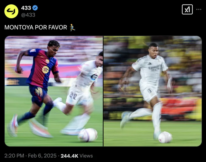 Twitter post showing soccer players in motion blur captioned 'MONTOYA POR FAVOR'.