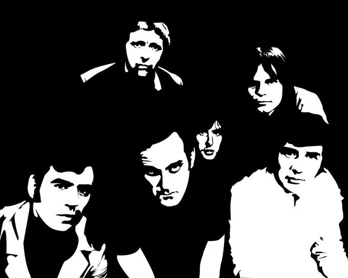 Black and white stylized group portrait of Monty Python members