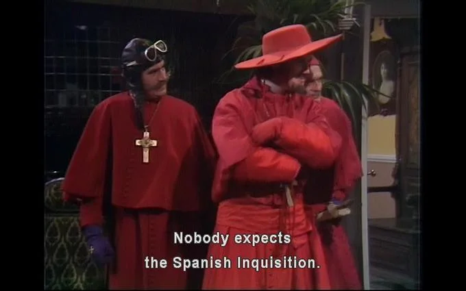 Monty Python — Spanish Inquisition sketch screenshot with cardinals in red robes