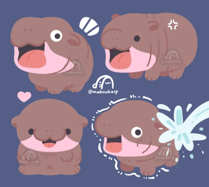 Moo Deng — Vibrant fan art showing four cartoon hippo poses and expressions displaying emotions.