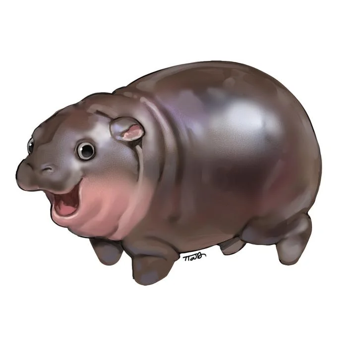Moo Deng — Polished digital illustration of round baby pygmy hippo with cheerful open mouth in brown tones.