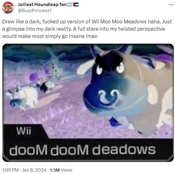Tweet showing a dark purple edit of the Moo Moo Meadows cow labeled 'dooM dooM deadows'