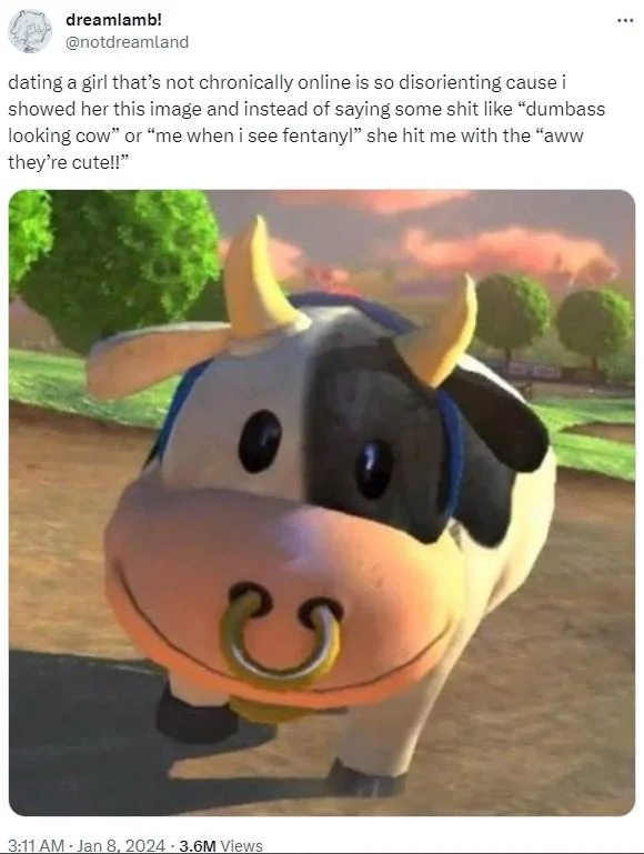 Tweet by dreamlamb about a girlfriend finding the moo moo meadows cow cute, with cow image