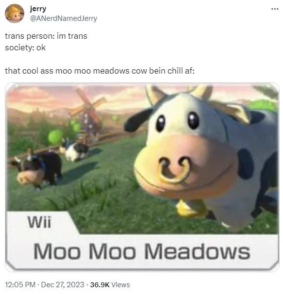 Tweet by jerry about the cool moo moo meadows cow being chill with trans people, with cow image
