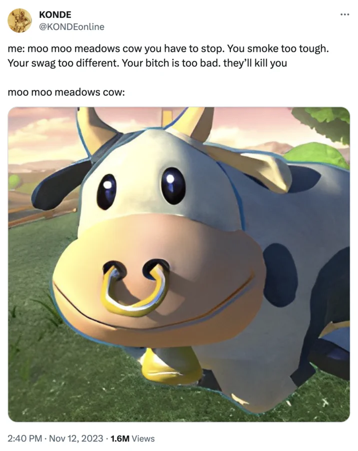 Tweet by KONDE joking about the Moo Moo Meadows cow having too much swag, with the cow pictured below