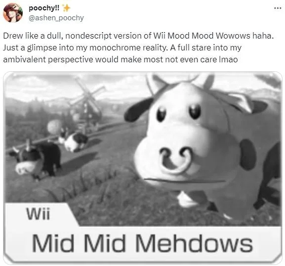 Tweet showing a black-and-white 'Mid Mid Mehdows' edit of the Moo Moo Meadows cow