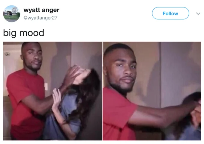 Twitter post with 'big mood' caption and expressive hand gesture images