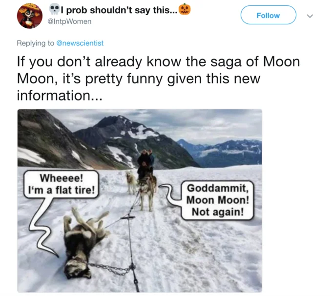 Twitter reply sharing the original Moon Moon werewolf name legend post