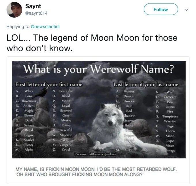 Moon Moon — New Scientist tweet screenshot about moons having moons called moonmoons
