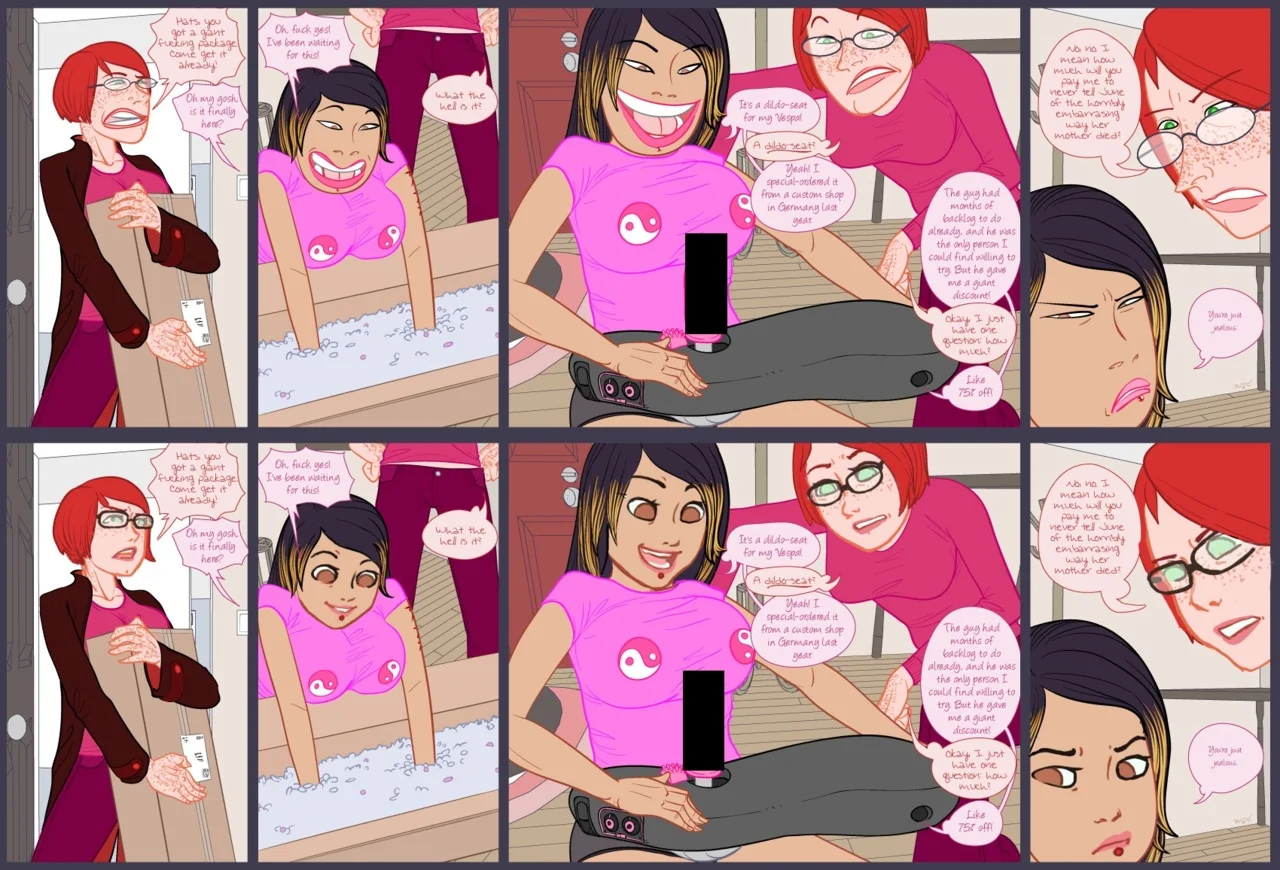 Eight-panel Moon Over June comic strip about a package delivery, with censored adult content