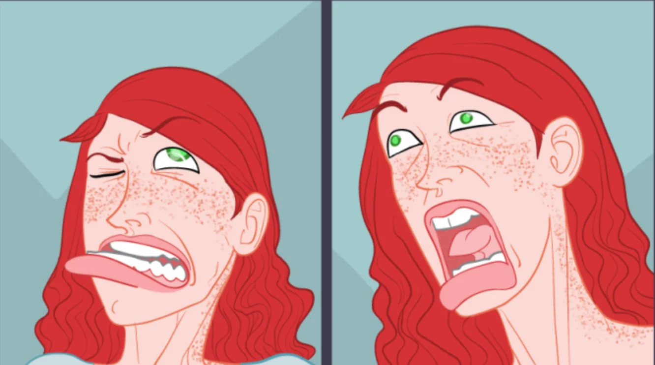 Moon Over June — Two-panel illustration of a red-haired freckled woman with grotesquely exaggerated facial expressions